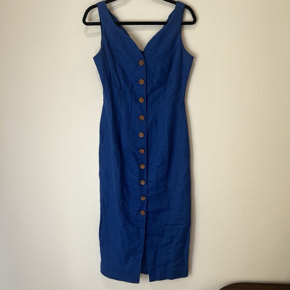 Marie St Claire Vtg Linen Midi Blue Dress Women’s Sz 8 Party Quiet Luxury Chic - Picture 1 of 7